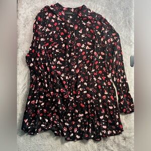 Lane Bryant Black Floral Button-Front Blouse with Red & Pink Flowers